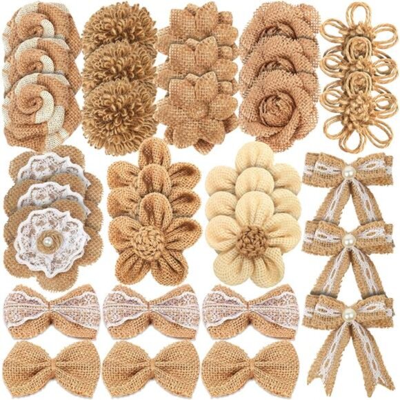 33PCS Handmade Burlap Flowers Set, 8 Styles Natural Rustic Burlap
